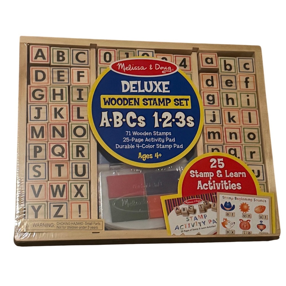 Melissa & Doug Deluxe Wooden Stamp Set ABCs 123s 71 Stamps 25 Page Activity Pad